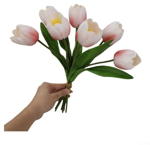 Konstgjord tulpanbukett gjord av mjuk PU med flexibla trådstjälkar för bröllopsdekor och förbättringar av heminredning (vit och rosa)
