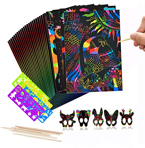 Scratch Art for Kids,50 Pcs Rainbow Scratch Off Paper Combo Arts Set Black Magic Scratch Art Notes Paper Boards Doodle Pad for Girls Boys Christmas Birthdays Party Gift (7.6 x 10.62)