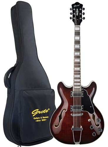 GROTE Jazz Electric Guitar Semi-Hollow Body Trapeze Tailpiece Bridge Guitar Gig Bag (Brown)