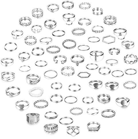 CASSIECA 68 Stück Vintage Silber Knuckle Rings Set für Frauen Mädchen Böhmische Stapelbare Gemeinsame Finger Ringe Retro Kristall Stapel Midi Ringe Pack Modeschmuck Geschenk