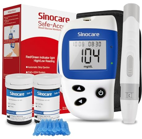 Sinocare Safe-Accu2 Glucometro Misuratore di Glucosio Senza Codifica Facile da Usare Adatto Per il Monitoraggio Quotidiano della Glicemia in Tutti i Tipi di Diabete Incluse 50 Strisces/Lancettes-mg/dL