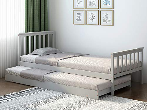 Panana 3FT Single Bed Frame, Wooden Pull Out Bed for Kids, Grey