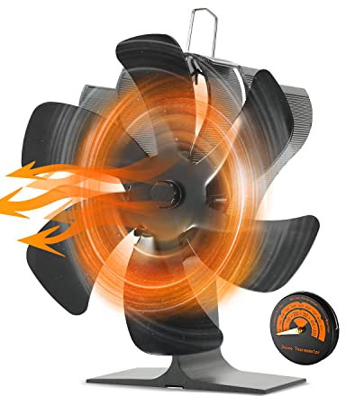 Stove Fan, 6 Blades Stove Fan for Wood Burning with Thermometer, Silent Heat Powered Wood Stove Fans Log Burners, Mini Fire Fan Wood Burner, Small Woodburner Stove Top Fan for Log Burner/Fireplace