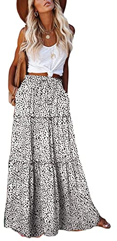 EARKOHA Womens Casual High Waist Tiered Paisley Print Long Maxi Skirt with Pockets, Leopard White, S