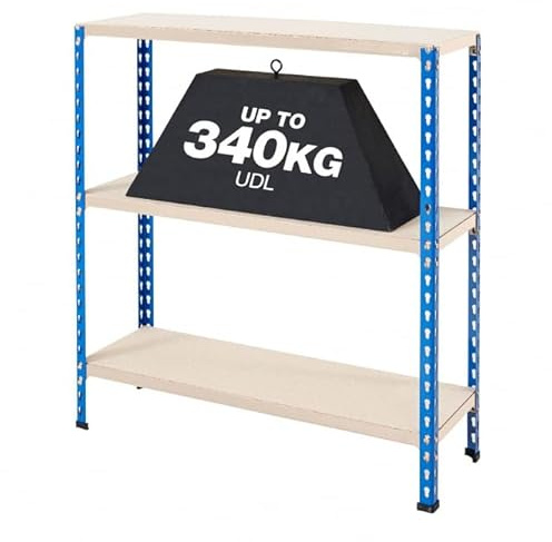 BiGDUG Compact Steel Shelving 3 Levels - Chipboard Shelves Garage Shelving - 915h x 1525w x 455d mm - 100kg UDL Blue & Light Grey