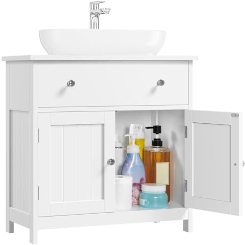 Yaheetech Meuble sous Lavabo Salle de Bain Armoire de Rangement pour Vasque avec Tiroir et 2 Portes en MDF Anti-humidité Meuble de Rangement 60 × 30 × 60 cm Blanc