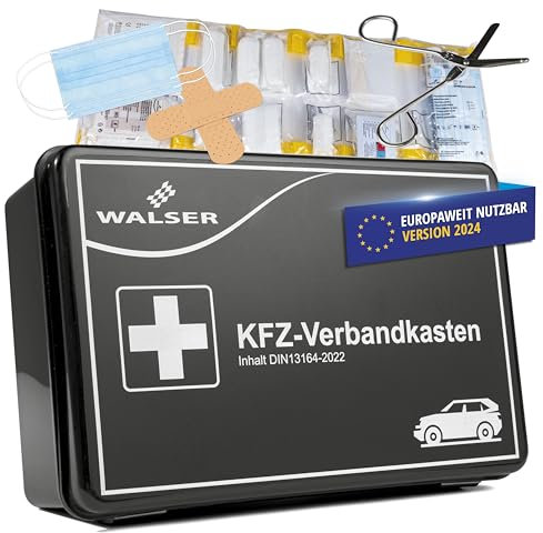 WALSER Borsa di primo soccorso per auto 2025, kit di primo soccorso per auto, set di emergenza per auto, borsa di primo soccorso DIN 13164:2022, rosso 44283