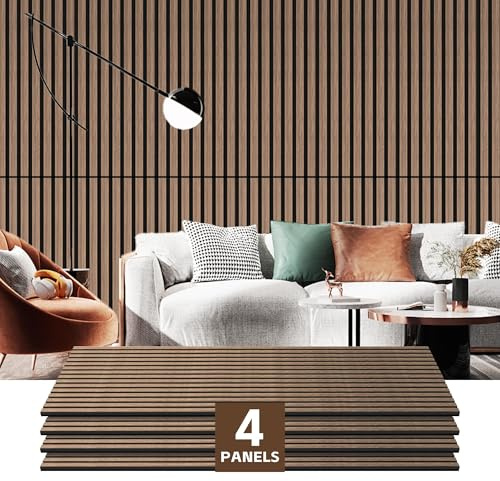 RITOLLO 4 Pack Wood Panels for Wall, 47.2×23.6×0.7 Wood Slat Acoustic Panels for Wall, Soundproof Panels, 3D Fluted Panels for Interior Wall Decor (Natural Walnut)