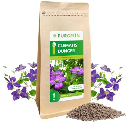 Purgrün® Clematis-Dünger 1 kg – Organisch-mineralische Rezeptur – Feinkörniges Krümelgranulat – NPK 5+4+6 – Extra Magnesium für prächtige Blüten & Kletterkraft – Verbessert die Bodenqualität