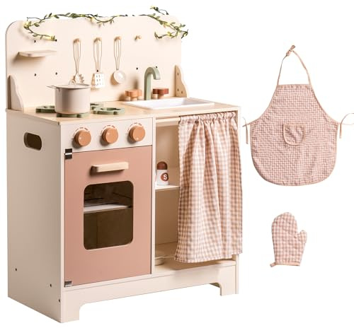 ROBOTIME Cucina per bambini in crema rosa con grembiule, guanto, forno e rubinetto, con tenda per giochi di ruolo interattivi, ideale per bambine dai 3 anni in su