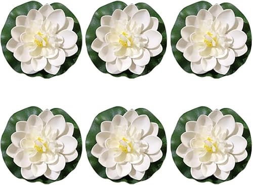 SquarezhenBo 6 Pcs White Artificial Lotus Large Floating Lotus Flowers Faux Water Lily Flowers Fish Pond Artificial Plants with Artificial Lily Pads