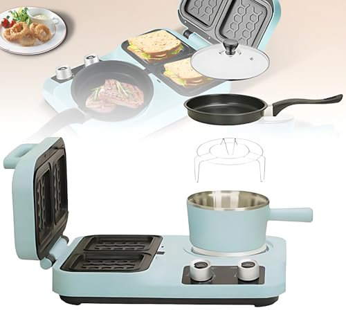 Macchina per la Colazione 4 in 1, Stazione per la Colazione con Timer da 60 Minuti e 3 regolazioni, con Piastra Antiaderente, teglia, pentola da 1,3 Litri, Lavoro a Doppia Zona, per friggere