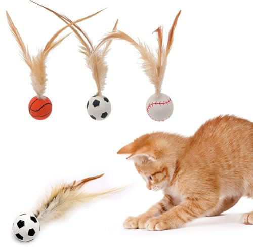 Vibbang 3PCS Cat Bouncy Ball with Feather, Katzen-Hüpfbälle mit Federn, Katzenspielzeug mit Hüpfschwanz für Hauskatzen, interaktive Katzenbälle, Hundespielzeug und Geschenk