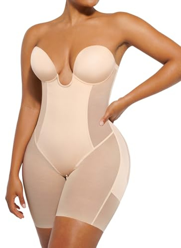 SHAPELLX Backless Shapewear for Women Tummy Control Strapless Bodysuit Butt Lifter Thigh Slimming Body Shaper Plunge Bra L
