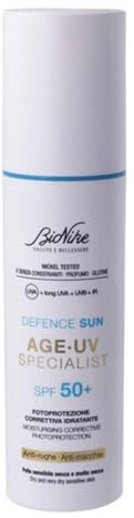BioNike Defence Sun - Age UV Specialist, Crema Viso Antirughe SPF 50+ con Acido Ialuronico e Niacinamide, Trattamento Fotoprotettivo per Pelle Secca e Molto Secca, Texture Leggera, Idratante, 50ml