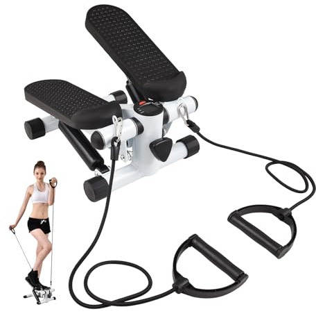 Ejoyous Stepper per Esercizio a Casa, Mini Stepper con Bande di Resistenza e Monitor LCD, Portata Massima 100KG / 220LBS, Stepper Portatile per Esercizio, Attrezzatura per Allenamento (Nero bianco)