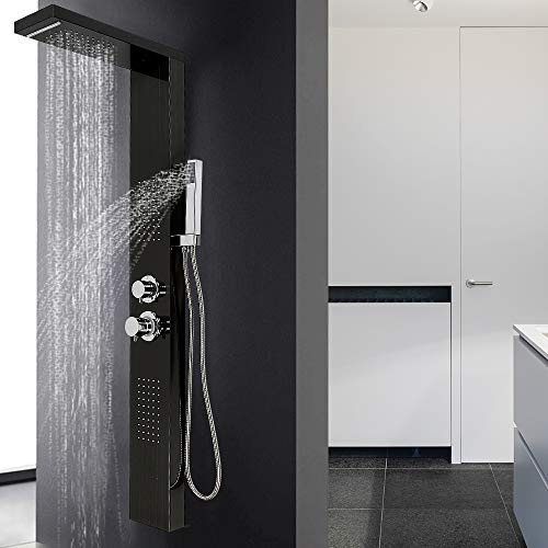 Duschpelare i rostfritt stål, 4-funktionsduschpanel i rostfritt stål med dusch, vattenfall, regndusch och massageduschar, 15 x 47 x 130 cm, svart