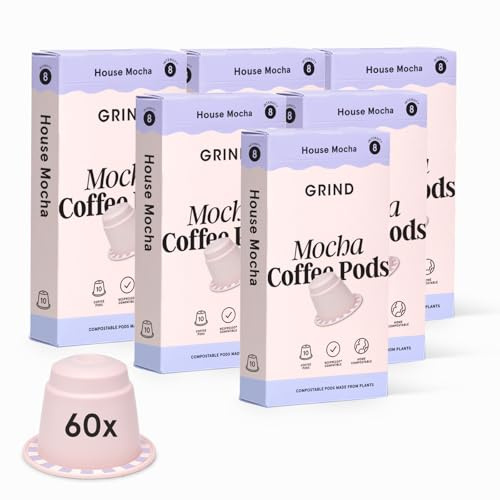 Grind Mocha Coffee Pods – Pack of 60 Biodegradable Capsules – 100% Arabica – Nespresso® Original Compatible – Home Compostable – Barista Quality and Specialty Grade – Medium Roast