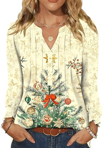 LOMON Long Sleeve Tops for Women Trendy Fashion Christmas Shirts Pleated V Neck Cute Winter Outfits for Women Fall Winter Clothes Apricot Christmas Tree L