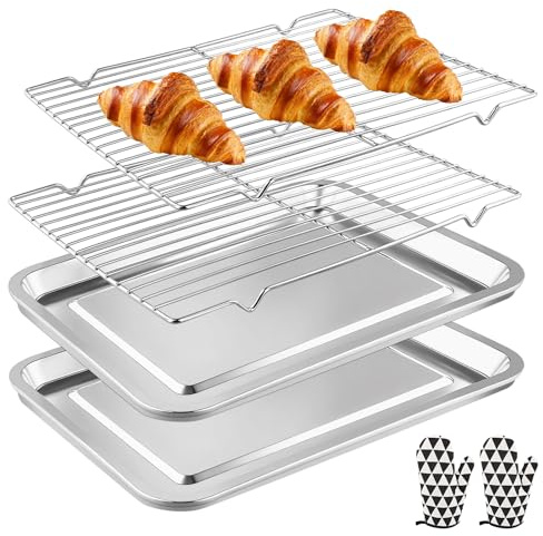 Ecofocet Bandeja Horno Acero Inoxidable, Juego de Bandeja Cocina para Hornear, Asar, Escurrir las Verduras, (2 bandejas para hornear, 2 rejillas de enfriamiento y Guantes Hornear), 40x30x2CM