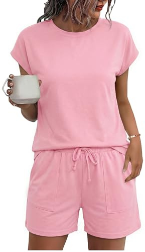 Uniexcosm Women's Pyjama Sets Summer Pyjamas for Women Cotton Short Sleeve Top And Shorts for Summer Two Piece Pj Sets Soft Crewneck Nightwear With Pockets Sleepwear