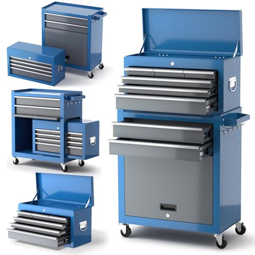AIRAJ Carro Herramientas de Ocho Cajones,Caja de Herramientas Grande con Ruedas de 42 Pulgadas,Carro Herramientas Vacio Metálica Superior Desmontable,Garaje, Armarios de Almacén,Azul
