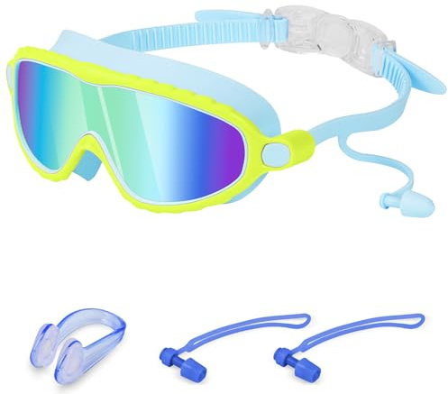 DiULi Lunettes de Natation Enfant avec Bouchons d'Oreilles et Pince-Nez | Masque de Piscine Anti-Buée Protection UV, Joint Silicone Étanche, Cadre Large, pour Garçons et Filles de 3 à 12 Ans