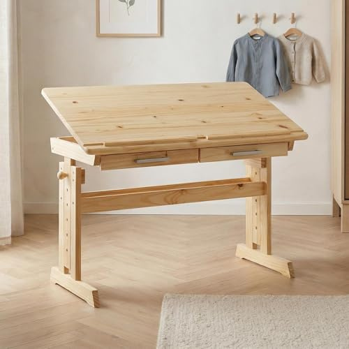 IDIMEX Bureau Enfant écolier Junior Olivia Table à Dessin réglable en Hauteur et pupitre inclinable avec 2 tiroirs en pin Massif Vernis Naturel