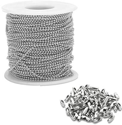 32 Feet Stainless Steel Ball Bead Chains with 50 Pcs Matching Connectors Bead Chain Necklace 2.4mm Diameter Beaded Roller Chain Silver Fan Pull Chain Spool Extension DIY Jewelry Making Accessories