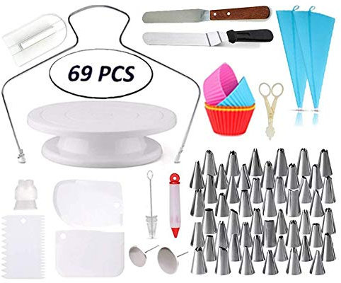 LTLCLZ Torten Backzubehör 69 Pcs Profi Tortenplatte Drehbar Mit 48 Teiliges Spritztüllen Set, Tortenschaber,Kuchenschneider, Dekorierstift Usw Für Dekorieren Torten