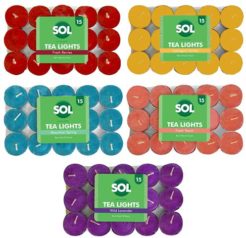 SOL 60pk Mixed Scented Tea Lights Candles - Fresh Berries, Lavender, Fresh Peach, Mountain Spring, Vanilla Scented Tea Lights, Long-Lasting for Home Decor, Aromatic, Cosy Evenings & Special Occasion