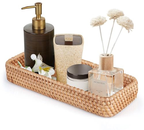 Doafoce Vassoio da portata in rattan, per il bagno, rettangolare, in tessuto naturale, decorativo, 28 x 11,5 x 4 cm