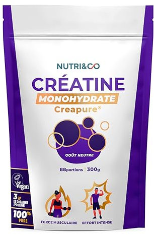 NUTRI & CO Créatine Monohydrate Creapure® en Poudre 300g Goût Neutre - 88 Portions (2mois+) - Vegan et 100% Pure - Adapté aux Sportifs Haut niveau - Sans Additifs Ni Excipients - Conditionné en France