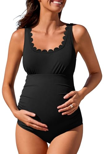 Summer Mae Ribbed Maternity One Piece Swimsuit Scalloped Cut Out Pregnancy Bathing Suit Square Neck Swimwear Black Large