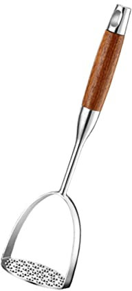 BRIGHTFUFU Stainless Steel Potato Masher Wooden Handle Non-Slip Manual Food Crusher Easy-Grip Kitchen Utensil for Beans Vegetables Fruits Meat Hanging Hole Design