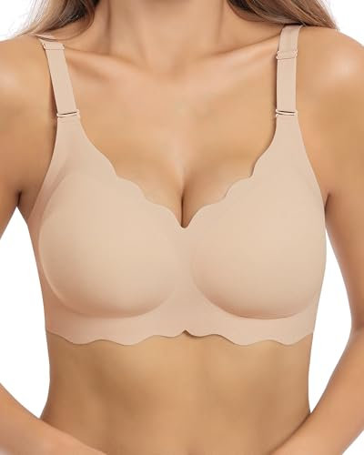 HORISUN BHS für Damen ohne Bügel, V-Ausschnitt, gewellte, bügellose Bralettes mit weicher Stütze, bequemer, Nahtloser T-Shirt-BH (Milchkaffee M)