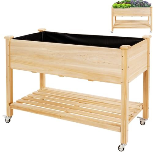 GiantexUK Raised Garden Bed, Elevated Wooden Planter Box with Storage Shelf, Wheels, Liner & Drainage Holes, Vegetables Herbs Flowers Planting Stand Grow Box for Patio Yard (with Wheels, 120x59x84cm)