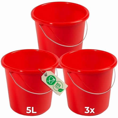 Novaliv 3 Stück Eimer 10L Rot mit Maßeinteilung - Putzeimer 10 Liter ? 28,5 cm Praktischer Allrounder mit Skala für Haushalt & Garten ideal als Haushaltseimer, Wassereimer, Wischeimer, Bucket