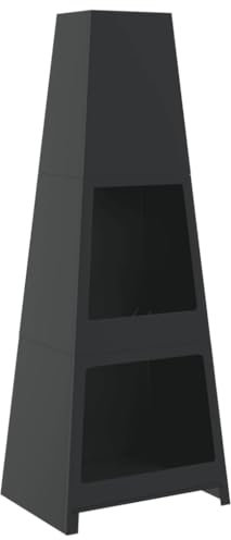 vidaXL Gartenkamin, Terrassenkamin mit Holzablage Wanne, Gartenofen mit Turm-Design, Terrassenofen, Schwarz Pulverbeschichteter Stahl