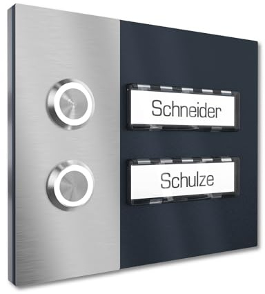 Graviers Design Timbre de vivienda con pulsador LED 2 placas de nombre - V2A acero inoxidable 140x115 mm Pintura en polvo RAL 7016 - montaje empotrado seleccionable en superficie