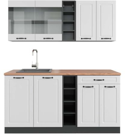Vicco Singleküche R-Line, Weiß Landhaus/Anthrazit, 160 cm, AP Eiche, zur individuellen Erweiterung mit zusätzlichen Modulen geeignet