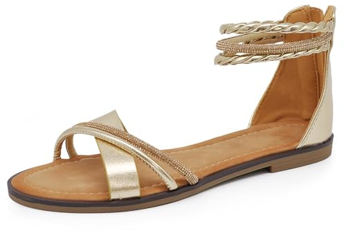 IF Fashion Scarpe Sandali Bassi Estivi da Donna Con Fasce Cinturino Strass Brillantini 6W9110 oro N.39