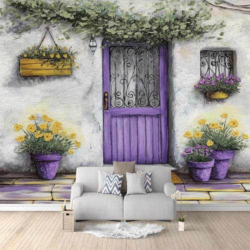 Fototapete Malerei Garten Lila Tür Blumen 200x140 cm Vlies Tapete 3D Effekt Moderne Wandtapete Dekoration, für Wohnzimmer Schlafzimmer TV-Hintergrund Wanddeko Wallpaper