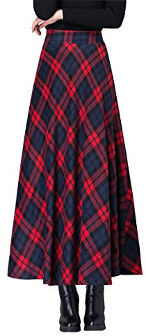 Beeblily Jupe Longue Femme Hiver Élégant Taille Haute Carreaux Maxi Skirts A-Ligne Taille élastique Plissée Jupe Rouge 3XL