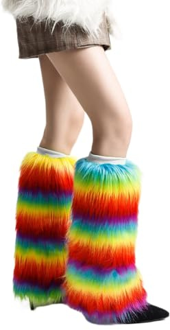 MZRAN Scaldamuscoli per donne e ragazze, donne vintage arcobaleno colorato peluche scaldamuscoli addensati stivali polsini pelosi coprigambe calzini lunghi abbigliamento da festa, ccc574, A15
