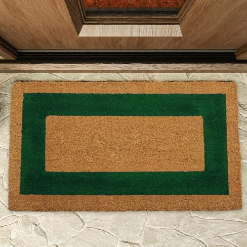 TECHZOCO Felpudo de Coco, Alfombra de Entrada de casa, Felpudo ecológico de Fibra de Coco, Alfombrilla de Entrada, Tapete de Bienvenida, 100% Coco, Naturales sostenibles Cenefa Verde, 55 x 30 cm