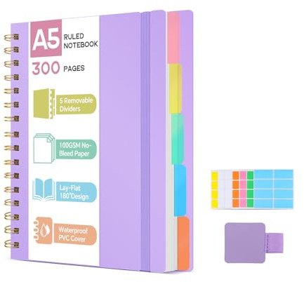 ihaspoko Carnet A5 avec Intercalaires- Papier 100GSM Anti-Déversement, 300 Pages, Couverture Rigide PVC, Livre de Projet Spirale pour École, Bureau et Cadeaux