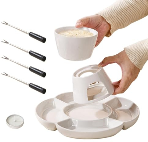 Keramiskt fondueset - ost- och chokladfonduegryta, varm köksredskap set med gafflar för familjen | Fondueset med uppvärmning för fest, fondue-kit