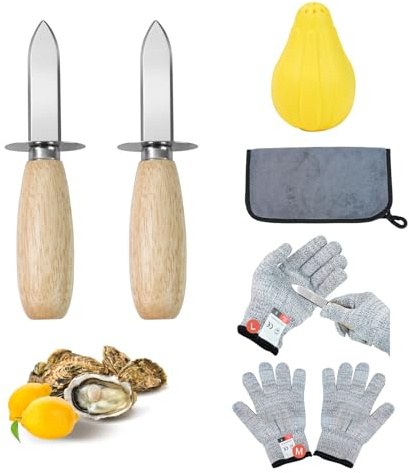 Upoomart Oyster Shucking Knife, Oyster Shucker,2 Set Sturdy Sharpness Oyster Knife, 2 pack Gloves with Cut Resistant Level 5 Protection, 1 anti-slip cloth and 1 lemon-squeezer for Seafood Lovers
