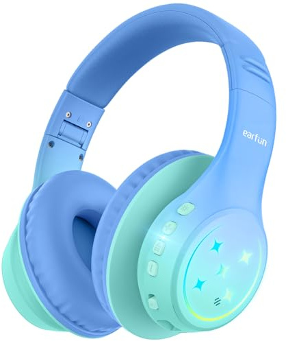 EarFun Trådlösa hörlurar för barn med LED-lampor, over-ear-hörlurar med säker volym 74/85/94 dBA med mikrofon, 90 timmars speltid, Hi-Fi-stereoljud, vikbar för surfplatta/resegåvor, grön